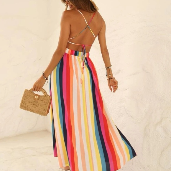 💛💕NWOT Vertical Striped Crisscross Tie Backless Split Thigh Cami Dress SZ S💛 - Picture 5 of 9